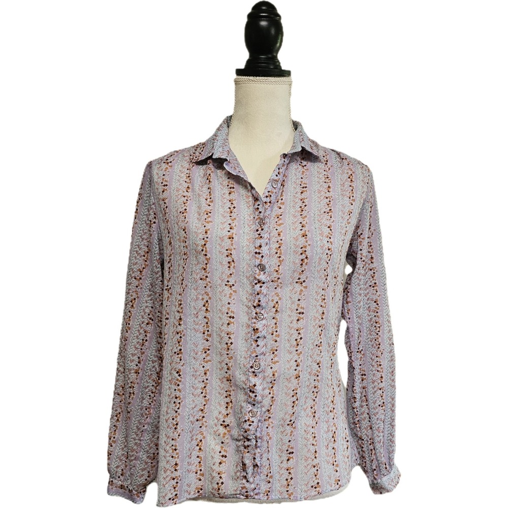 Vintage 70s Purple Floral Semi-Sheer Button Front Top Size‎ M Retro Hippie Boho